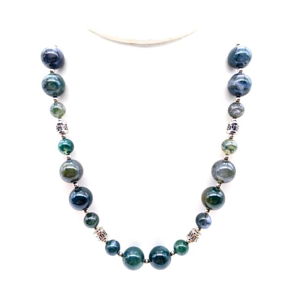 Vintage Beaded Boho Beauty Necklace, Polished Stone and Silver Tone Spacers - Picture 1 of 3